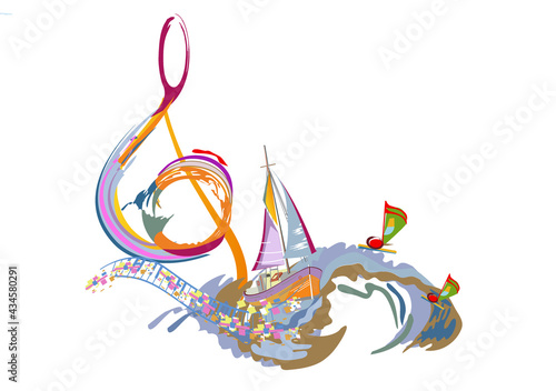 Abstract musical design with a colourful treble clef and musical waves, notes and splashes. Hand drawn vector illustration.