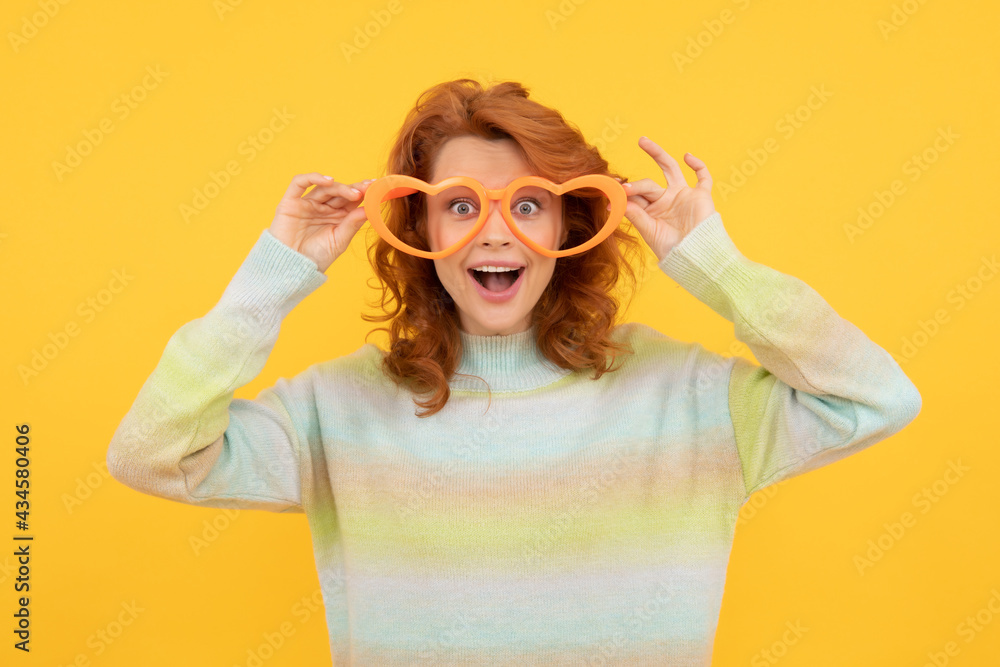 wow. time for fun. happy girl wear glasses. birthday party celebration. express happiness. wow. time for fun. happy girl wear glasses. birthday party celebration. express happiness.