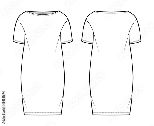 Dress sack slouchy technical fashion illustration with short sleeves, oversized body, knee length pencil skirt. Flat apparel front, back, white color style. Women, men unisex CAD mockup