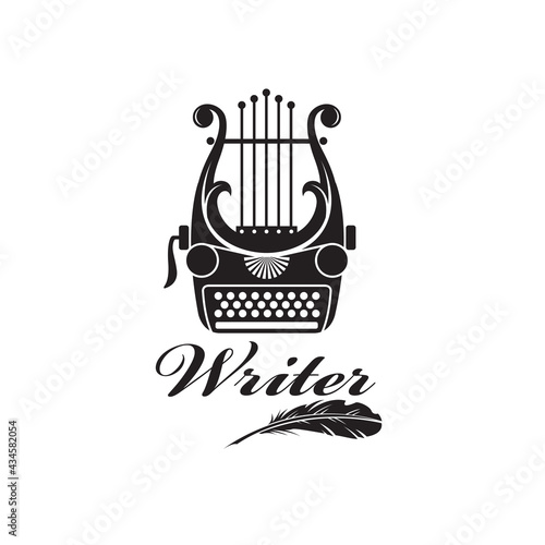 writer badge with typewriter and lyre isolated on white background