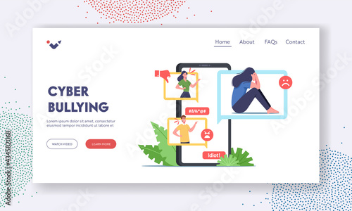 Cyberbullying Attack Landing Page Template. Bully Hater or Troll Laughing on Woman in Internet. Teen Character Crying