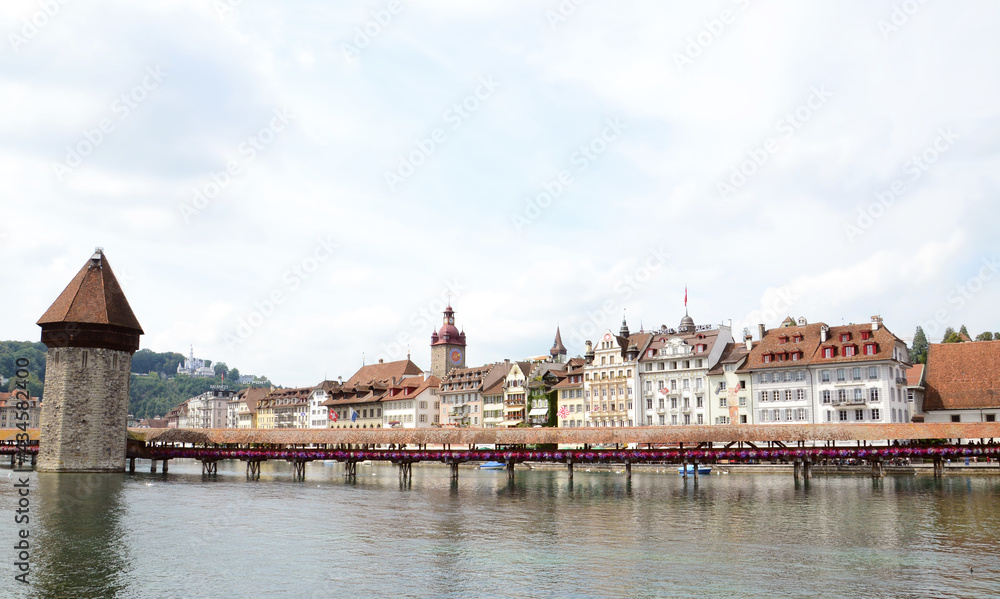 Overview of flower Chapel bridge in city center of Luzern in Switzerland
