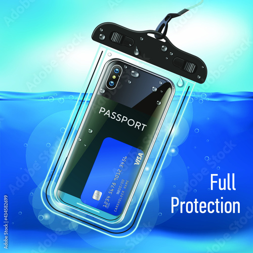 Realistic close-up phone. Vector graphics. Waterproof case for smartphone for underwater shooting.