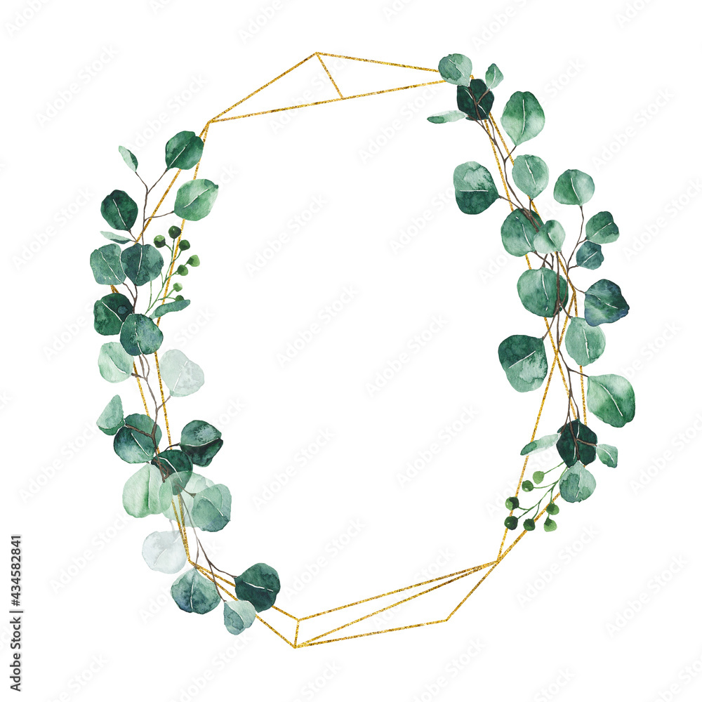 Watercolor eucalyptus gold wreath with green leaves isolated on white ...
