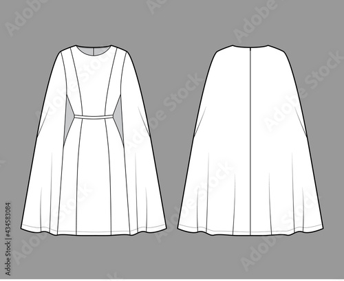 Dress cape chemise technical fashion illustration with fitted body, knee length pencil skirt. Flat apparel front, back, white color style. Women, men unisex CAD mockup