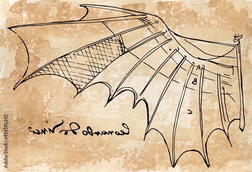 Sepia digital illustration of Leonardo da Vinci wing sketch from the flight code with his famous left-handed signature photo