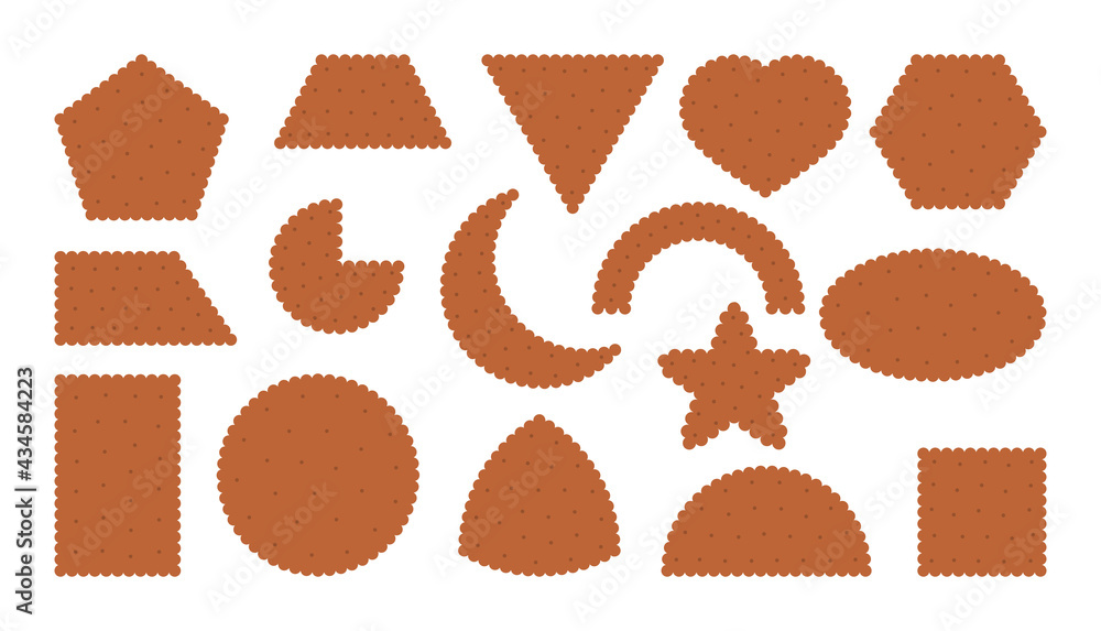 Chocolate cracker biscuit icons set. Breakfast snack in flat cartoon style. Collection tasty food cookies different shapes top view circle, square, heart. Pastry cookie. Isolated vector illustration Chocolate cracker biscuit icons set. Breakfast snack in flat cartoon style. Collection tasty food cookies different shapes top view circle, square, heart. Pastry cookie. Isolated vector illustration