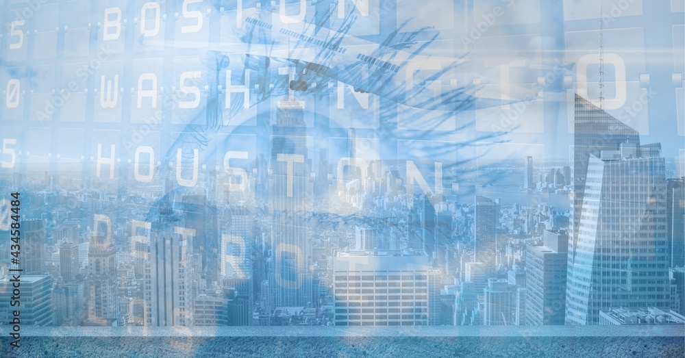 Composition of woman's eye and flight information over cityscape Composition of woman's eye and flight information over cityscape