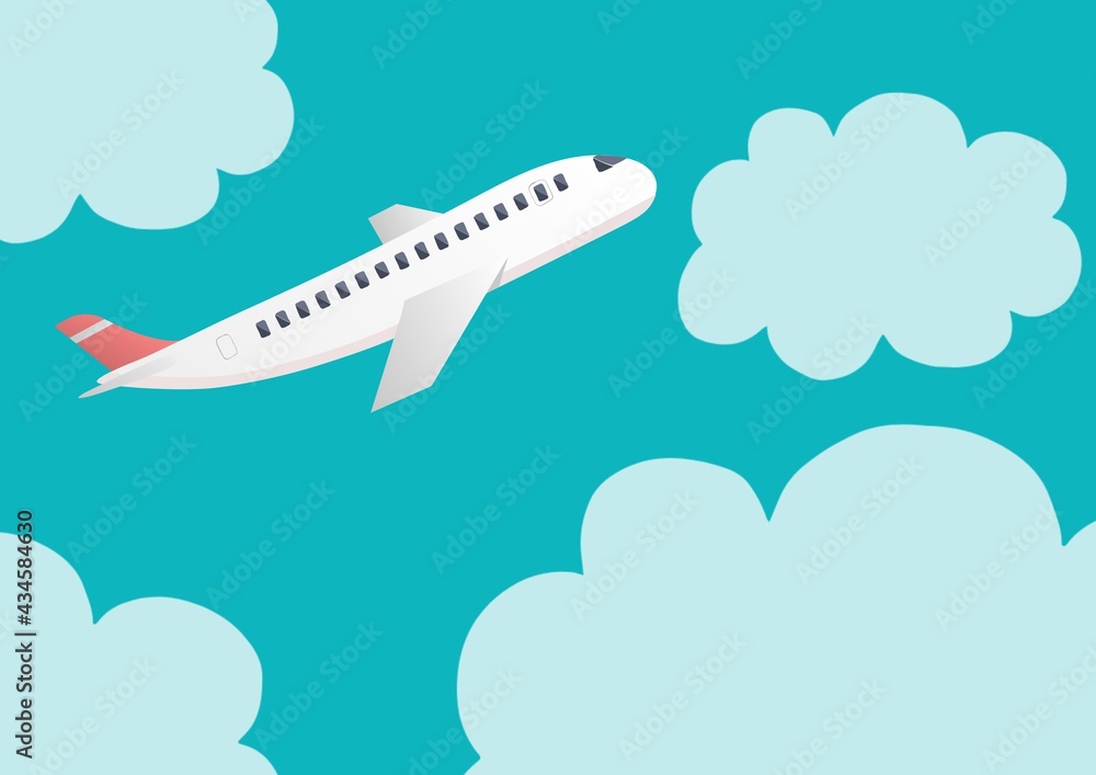 Illustration of airplane flying on blue sky with clouds in background Illustration of airplane flying on blue sky with clouds in background