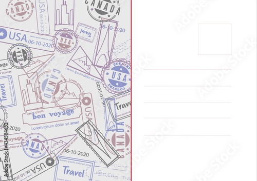 Composition of multiple stamps in passport and copy space on white background