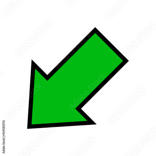 single green arrow, diagonal arrow sign left down isolated on white