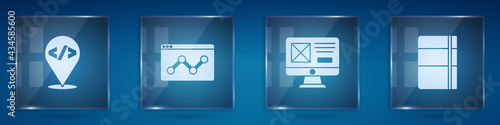 Set Front end development, Website statistic, UI or UX design and Sketchbook album. Square glass panels. Vector