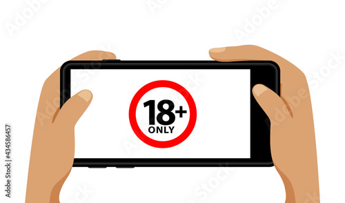 18+ on smartphone blank screen in hand isolated on white, adults age only concept, over 18 plus only censored on mobile phone white screen, eighteen age older forbidden for adult content