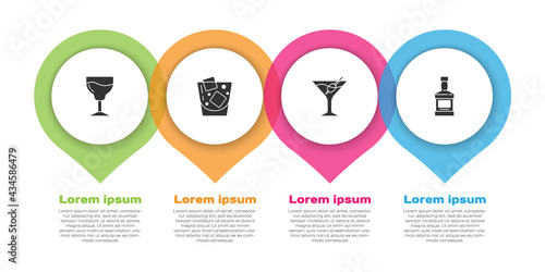 Set Wine glass, Glass of whiskey, Martini and Whiskey bottle. Business infographic template. Vector