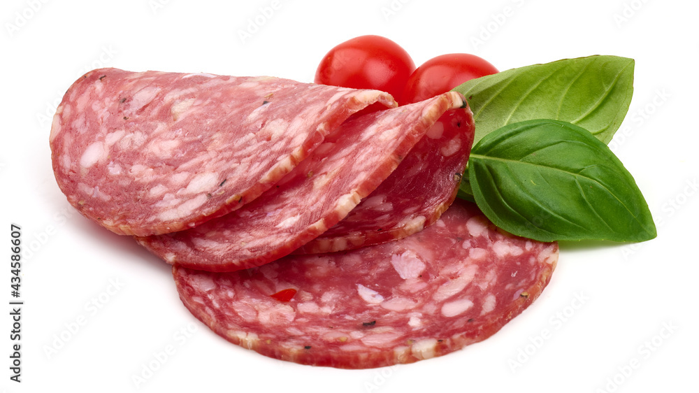 Italian Salami sausage slices, isolated on white background. High resolution image.