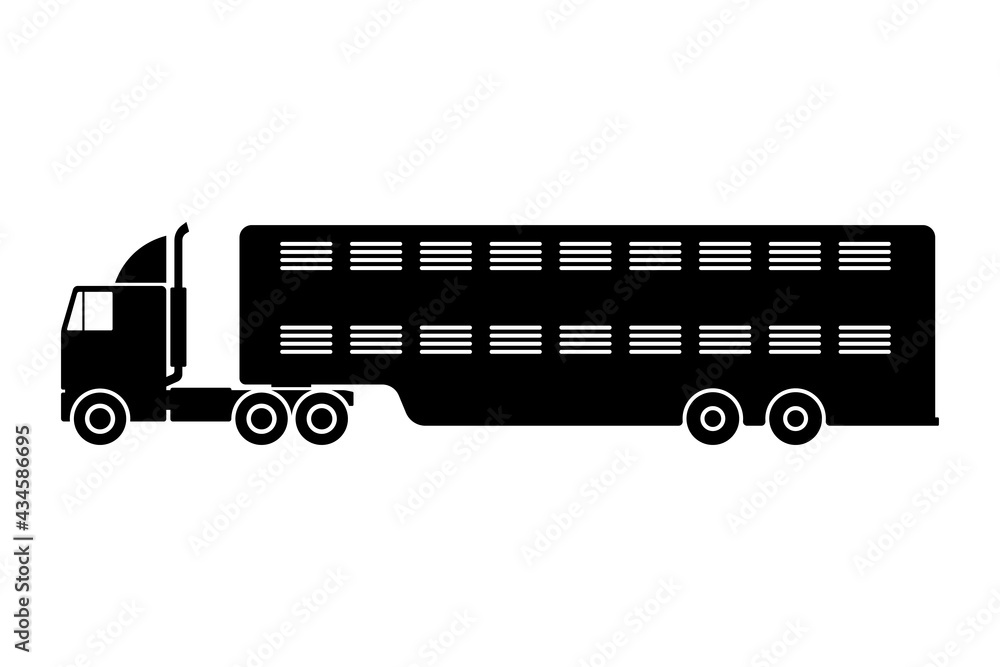 Livestock truck icon. A car with a semi-trailer for transporting animals. Black silhouette. Side view. Vector simple flat graphic illustration. The isolated object on a white background. Isolate.