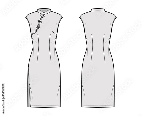 Dress qipao cheongsam technical fashion illustration with short sleeves, fitted body, knee length pencil skirt. Flat apparel front, back, grey color style. Women, men unisex CAD mockup