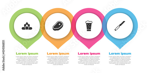 Set Campfire, Steak meat, Glass of beer and Bread knife. Business infographic template. Vector