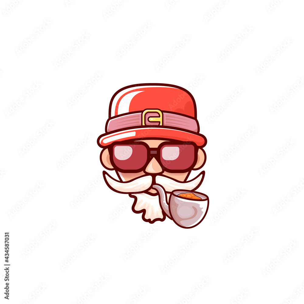 Santa Claus head with Santa red hat, smoking pipe and red hipster sunglasses isolated on white Christmas background. Santa label or sticker design Santa Claus head with Santa red hat, smoking pipe and red hipster sunglasses isolated on white Christmas background. Santa label or sticker design