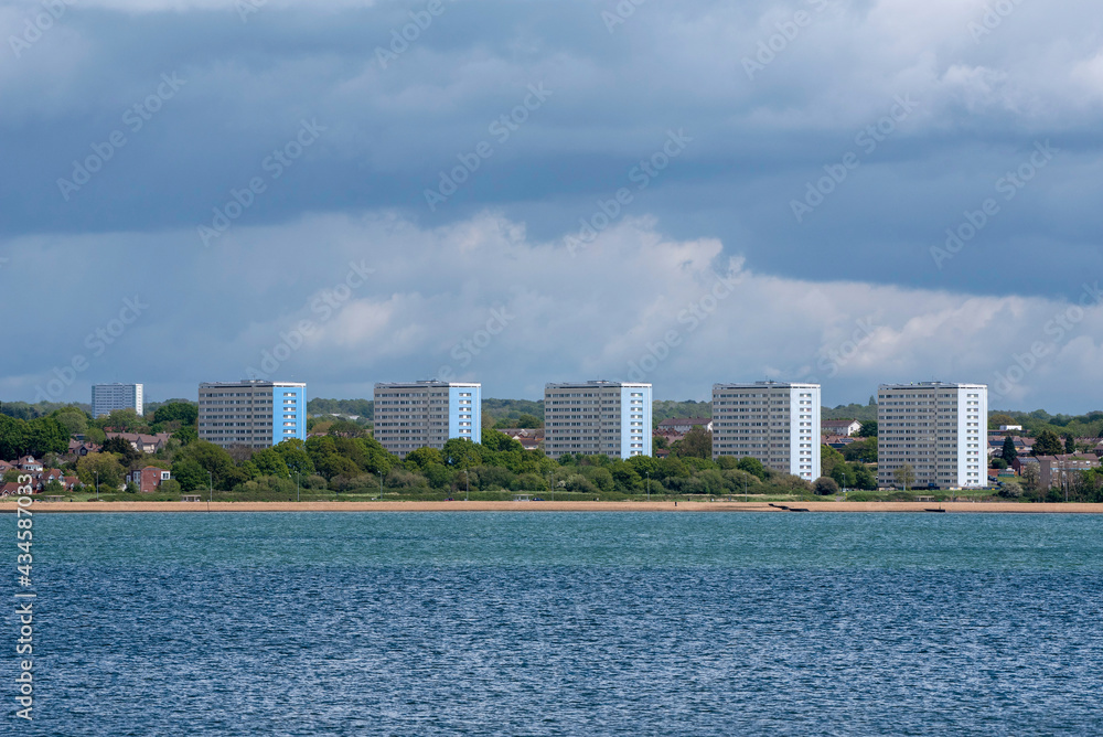 Southampton, England, UK. 2021. Housing apartment blocks overlook Southampton Water in southern England, UK Southampton, England, UK. 2021. Housing apartment blocks overlook Southampton Water in southern England, UK