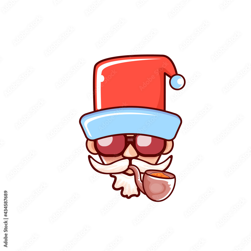 Santa Claus head with Santa red hat, smoking pipe and red hipster sunglasses isolated on white Christmas background. Santa label or sticker design Santa Claus head with Santa red hat, smoking pipe and red hipster sunglasses isolated on white Christmas background. Santa label or sticker design