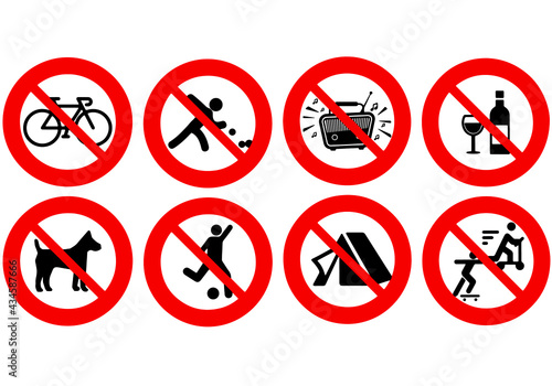 Long list of bans used in park or beach. It's prohibited cycling, playing bowls, loud music, glass materials, soccer, playing, camping, skating and no dogs allowed.