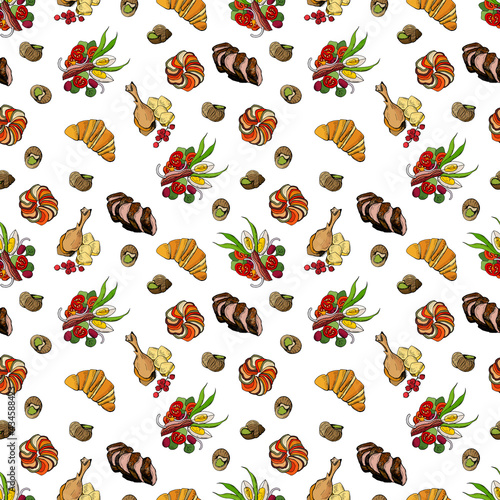 Seamless pattern with French cuisine dishes. Design for cafes, fabrics, textiles, wallpapers, packaging.	