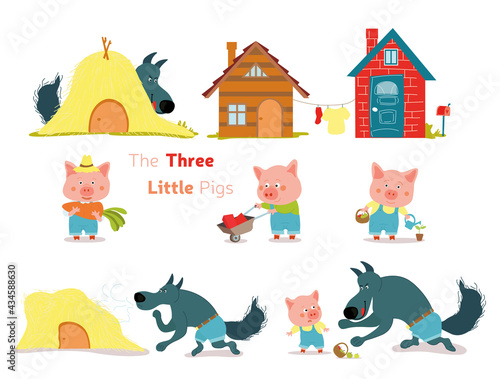 The Three little pigs fairytail with cute pigs and a wolf.
