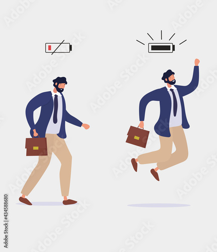 Male office worker without energy and full of strength with battery charge indicator