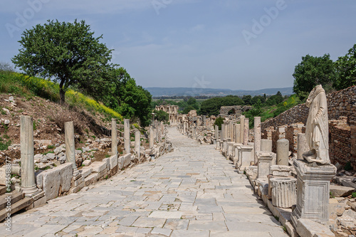 An old alley with antique columns leading to the ruins of a library in the city of Ephesus in turkey