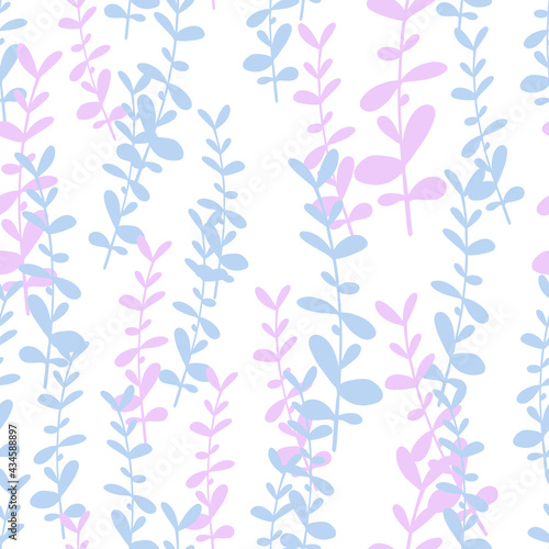 Pink and blue botanic eucalyptus branches elements seamless pattern. Isolated floral backdrop.