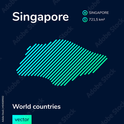 Vector creative digital neon flat line art abstract simple map of Singapore with green, mint, turquoise striped texture  on dark blue background. Educational banner, poster about Singapore
