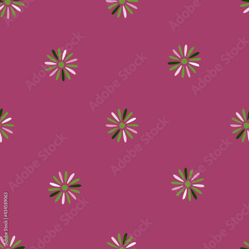 Blossom seamless pattern with little simple abstract daisy ornament. Flowers backdrop with pink background.