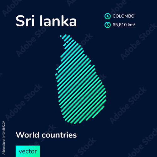 Vector creative digital neon flat line art abstract simple map of Sri Lanka with green, mint, turquoise striped texture  on dark blue background. Educational banner, poster about Sri Lanka
