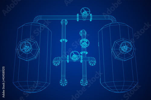 Oil tank storage of flammable materials and pipeline with valve. Finance economy polygonal petrol production. Petroleum fuel industry transportation line. Wireframe low poly mesh vector illustration.