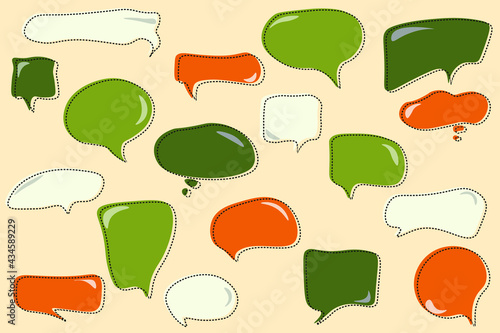 Modern cartoon speech bubbles in different shapes and natural green colors, abstract hand-drawn conversational doodle, dialog sign, vector illustration set, chat message