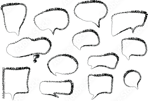 Modern sketchy cartoon speech bubbles in different shapes, comics style, abstract hand-drawn conversational doodle art, dialog sign, vector illustration set, chat message