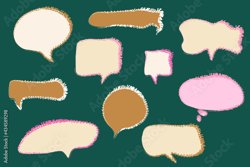 Modern cartoon speech bubbles in different shapes and natural beige colors, abstract hand-drawn conversational doodle art, dialog sign, vector illustration set, chat message