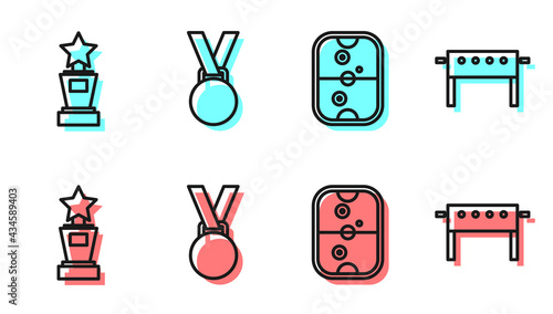 Set line Air hockey table, Award cup, Medal and Hockey table icon. Vector