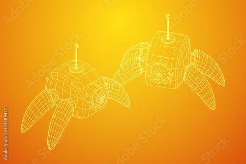 Spider robot with radar antenna. Nanobot, nanotechnology medical concept. Wireframe low poly mesh vector illustration