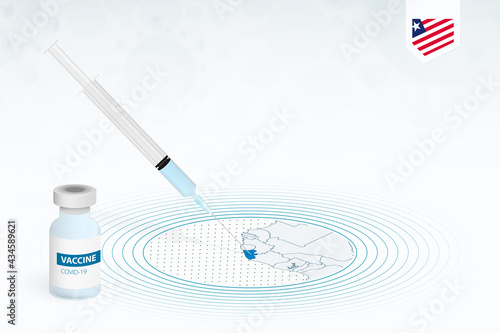 COVID-19 vaccination in Liberia, coronavirus vaccination illustration with vaccine bottle and syringe injection in map of Liberia.