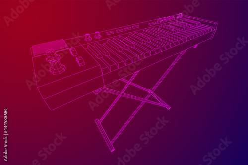 Piano roll analog synthesizer faders buttons knobs. Wireframe low poly mesh vector illustration.