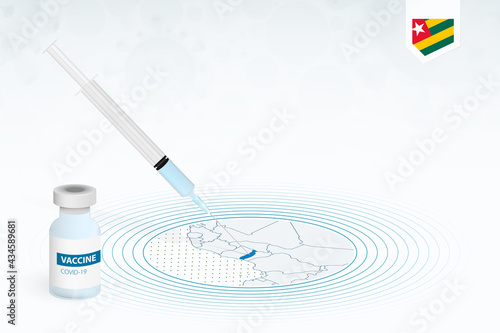 COVID-19 vaccination in Togo, coronavirus vaccination illustration with vaccine bottle and syringe injection in map of Togo.