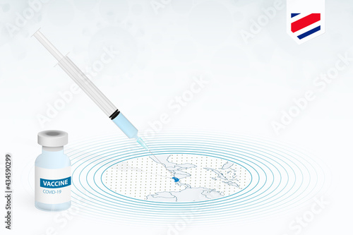 COVID-19 vaccination in Costa Rica, coronavirus vaccination illustration with vaccine bottle and syringe injection in map of Costa Rica.