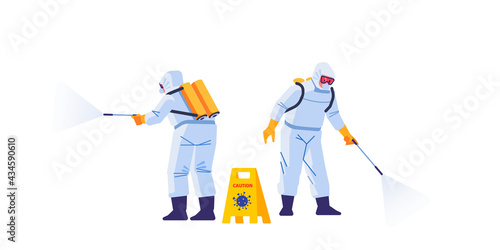 Disinfecting workers wear protective masks and spacesuits against pandemic coronavirus or covid-19 sprays. COVID-21 Coronavirus disinfect. Cartoon style vector illustration isolated background