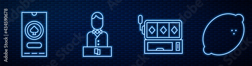 Set line Slot machine, Casino poker tournament invitation, Casino dealer and Casino slot machine with lemon. Glowing neon icon on brick wall. Vector