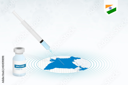 COVID-19 vaccination in India, coronavirus vaccination illustration with vaccine bottle and syringe injection in map of India.
