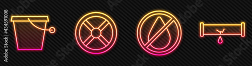 Set line Water drop forbidden, Bucket, Industry valve and Broken pipe with leaking water. Glowing neon icon. Vector