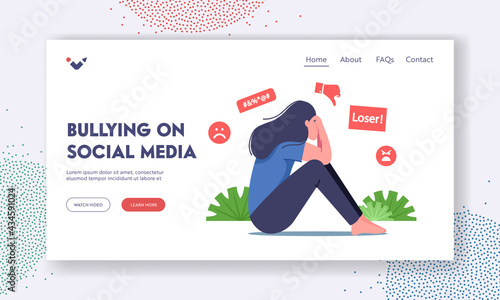 Bullying Harassment in Social Media Landing Page Template. Woman Sitting with Covered Face Crying after Being Bullied