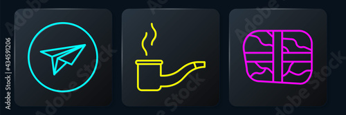 Set line Messenger, Package with cocaine and Smoking pipe. Black square button. Vector